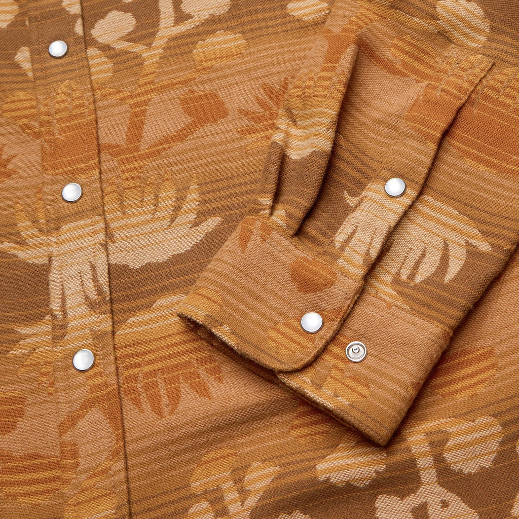 floral flannel shirt in Maguey Mirage: Camel, worn on model