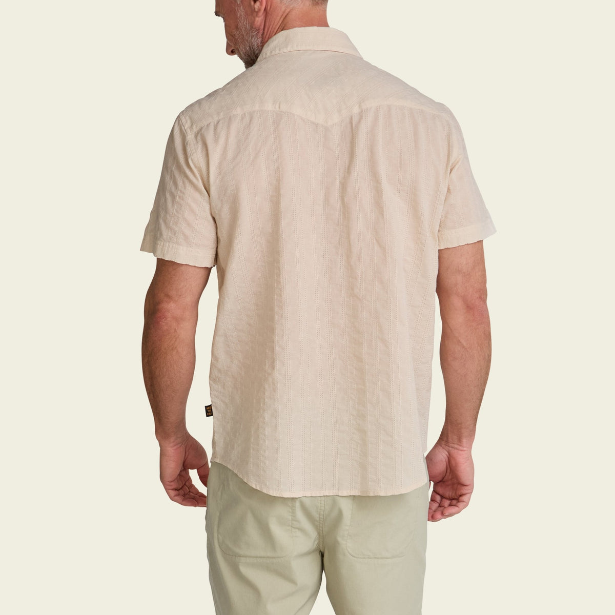 stripe cotton pearl snap shirt in Eyelet Stripe: Off White, collar detail