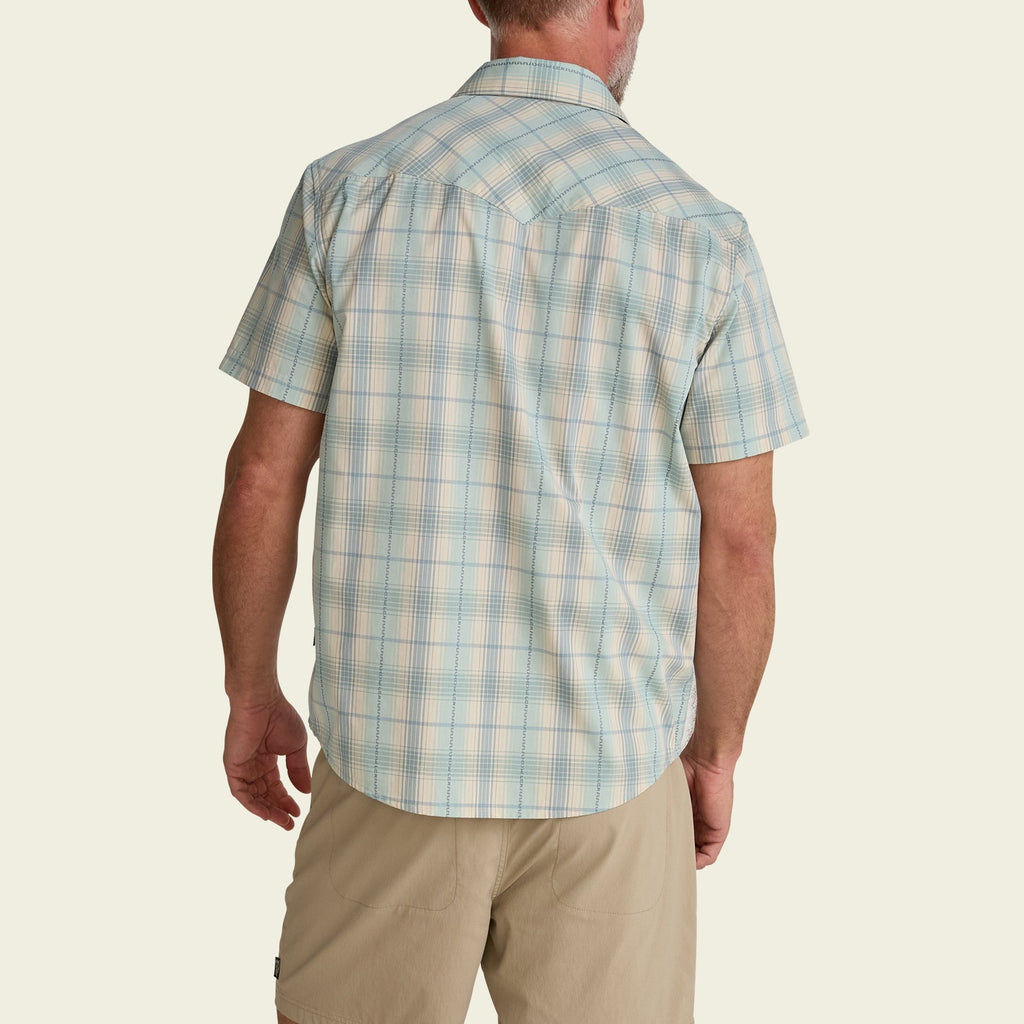 plaid cotton pearl snap shirt in Prairie Plaid: Seafoam, worn on model