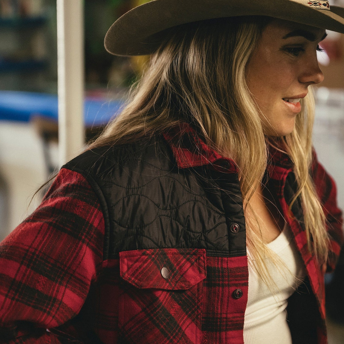 plaid flannel shirt jacket in Big Barrett Plaid: Brick Red, worn on model