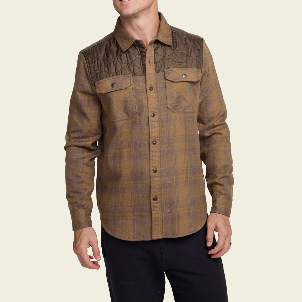 plaid flannel shirt jacket in Big Barrett Plaid: Swamp, placket and yoke detail