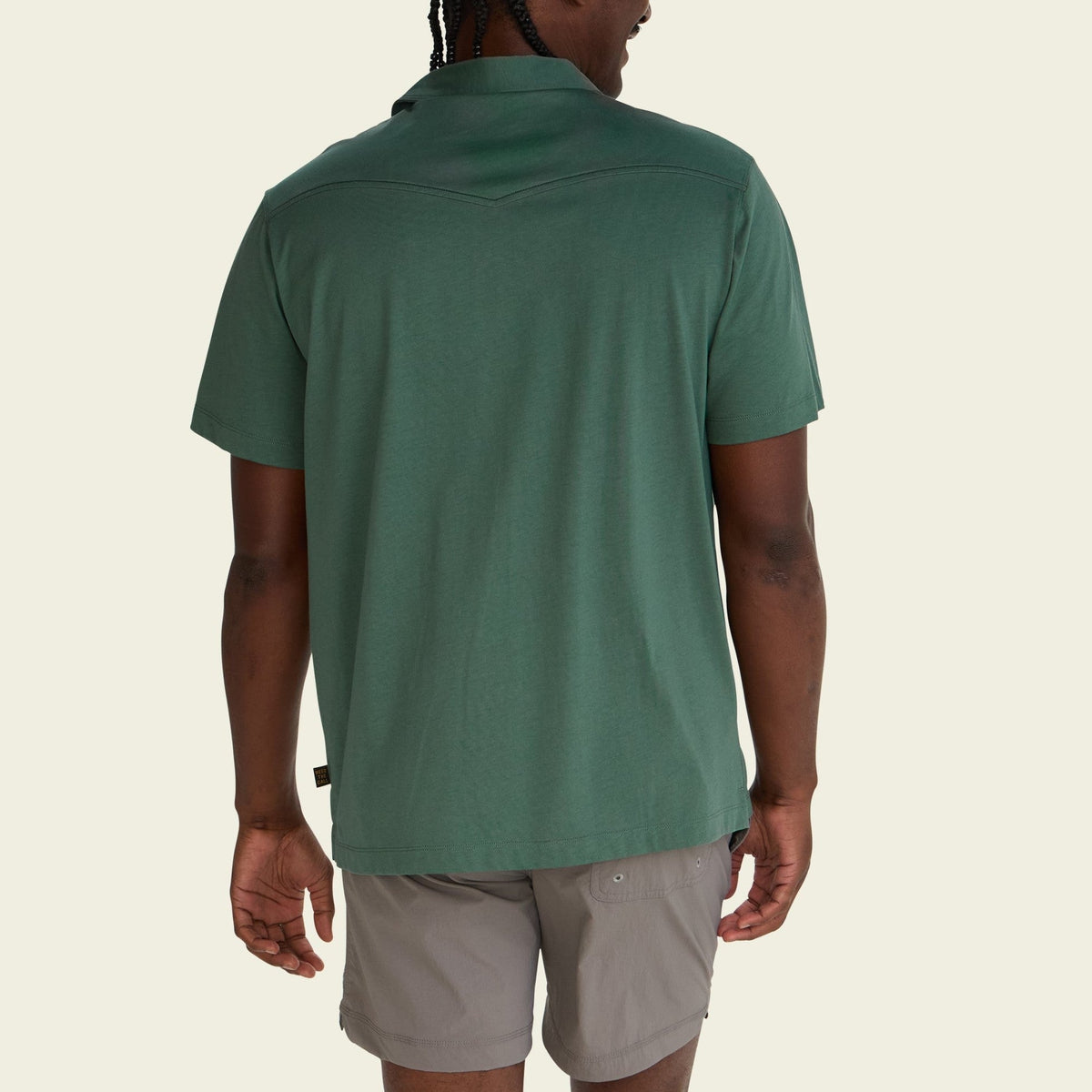 solid cotton western polo in Fern Green, worn on model